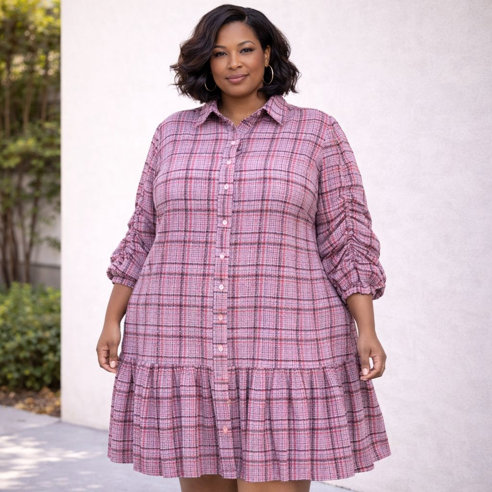 ASOS DESIGN Pink Plaid Long Sleeve Dress Plus Size 26